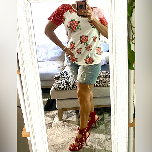 IVORY-PINK/CHERRY red -WINE red + white ROUND NECK FLORAL CONTRAST RAGLAN TOP - Picture 16 of 16